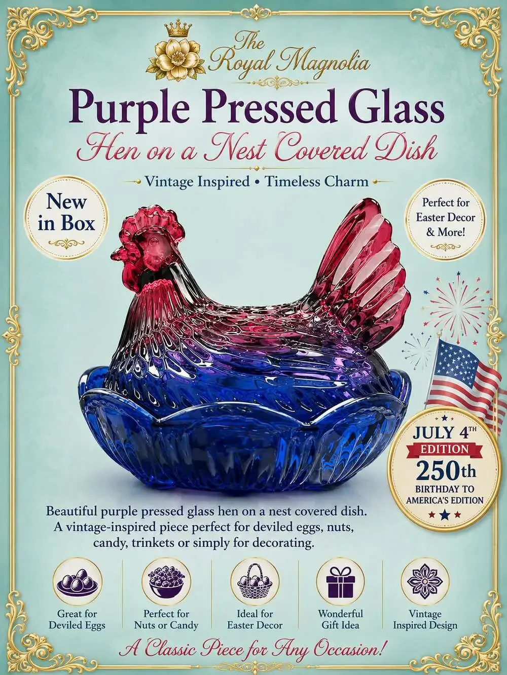 The Royal Magnolia Purple Pressed Glass Hen on a Nest Covered Dish July 4th Edit